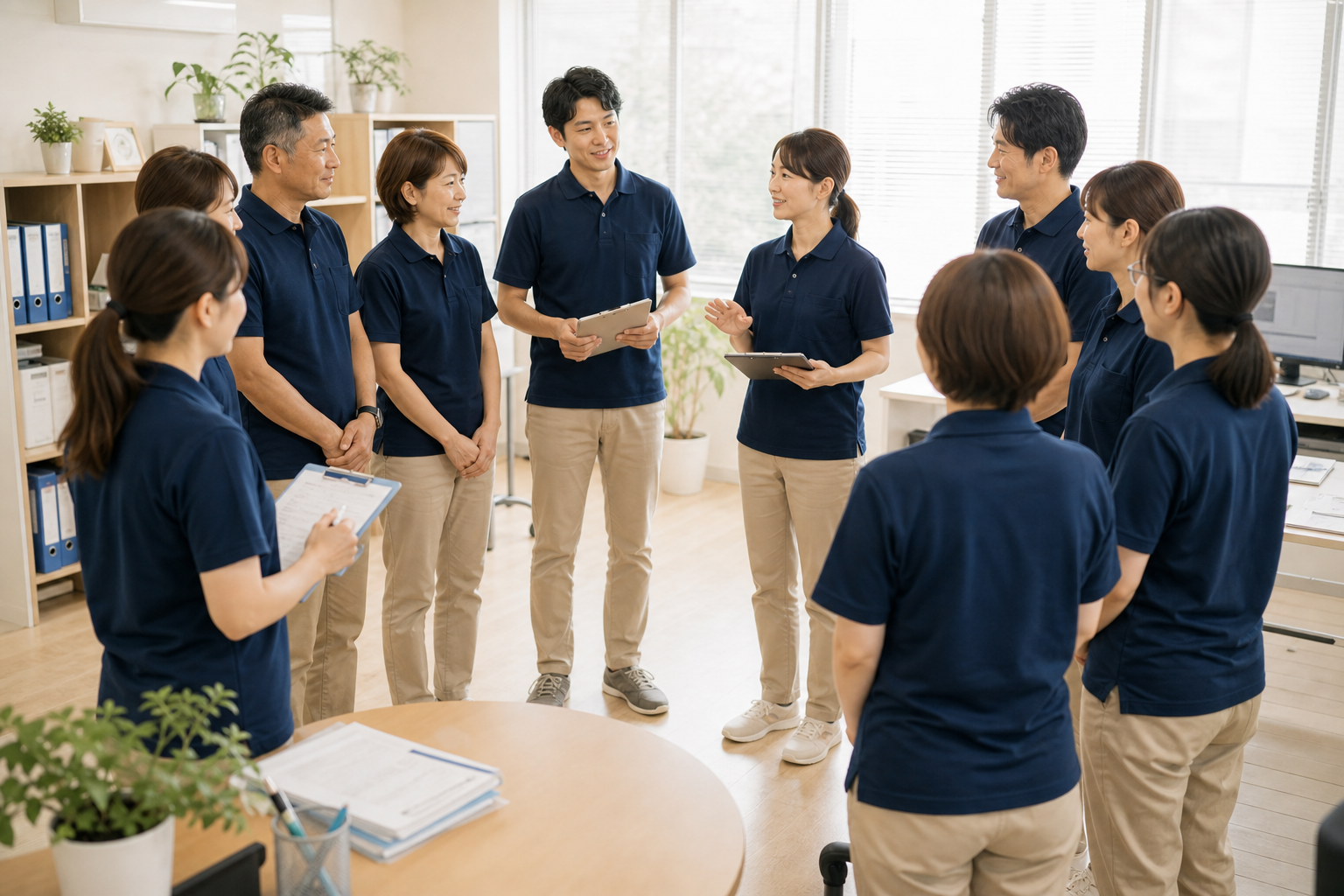 朝の申し送りをしているスタッフ